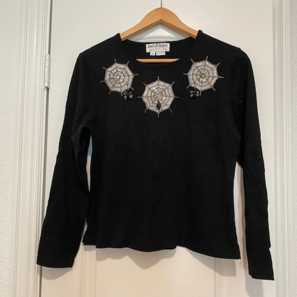 Jack B Quick BLACK HALLOWEEN SWEATER Gold & SEQUIN Embroidered COBWEB SPIDERS* M
